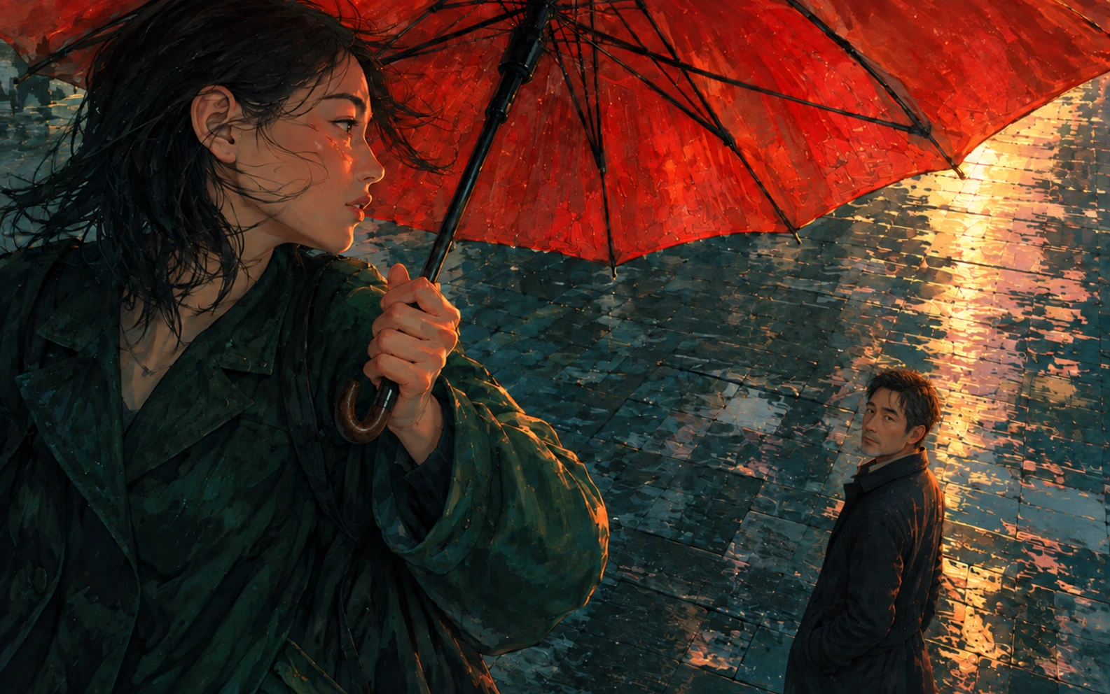 雨の街角で赤い傘を差す人を描いた挿絵