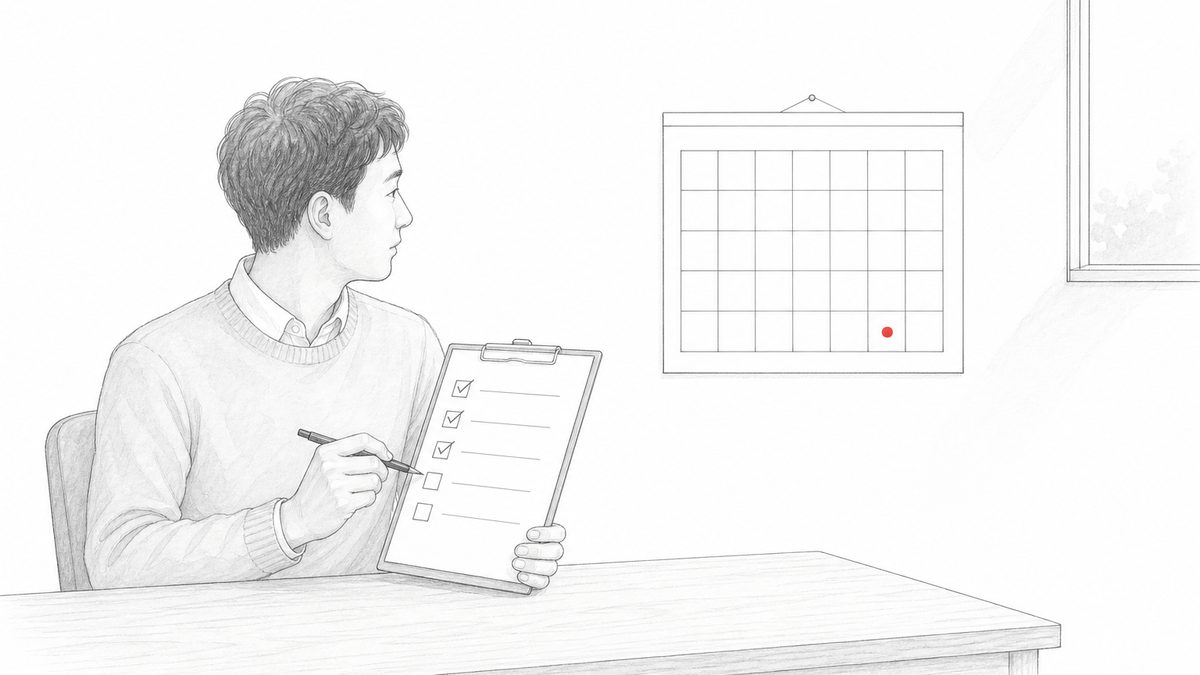 白背景の線画。オフィスの机で1人がクリップボードの入社時教育チェックリストにペンでチェックを入れ、背後の壁掛けカレンダーの1日に置かれた赤い点を見ている。