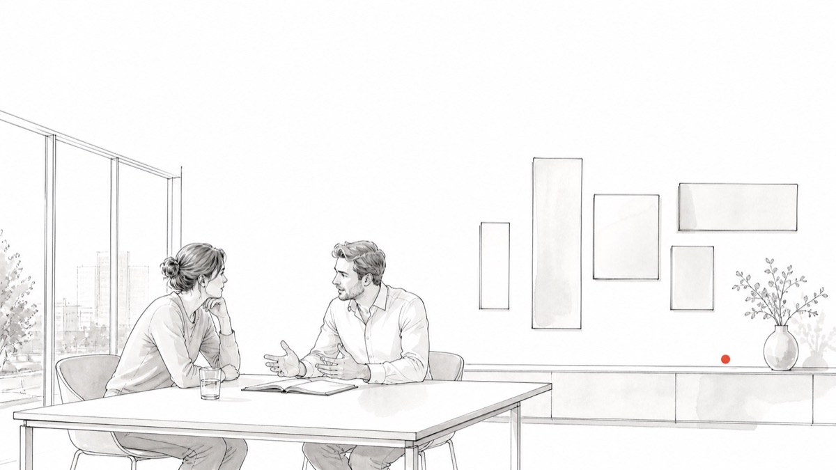 明るいオフィスで、2人が机をはさんで向き合い、片方が話し、もう片方が聞いている線画。背後の壁には大きさの違う面がいくつも掛かっている